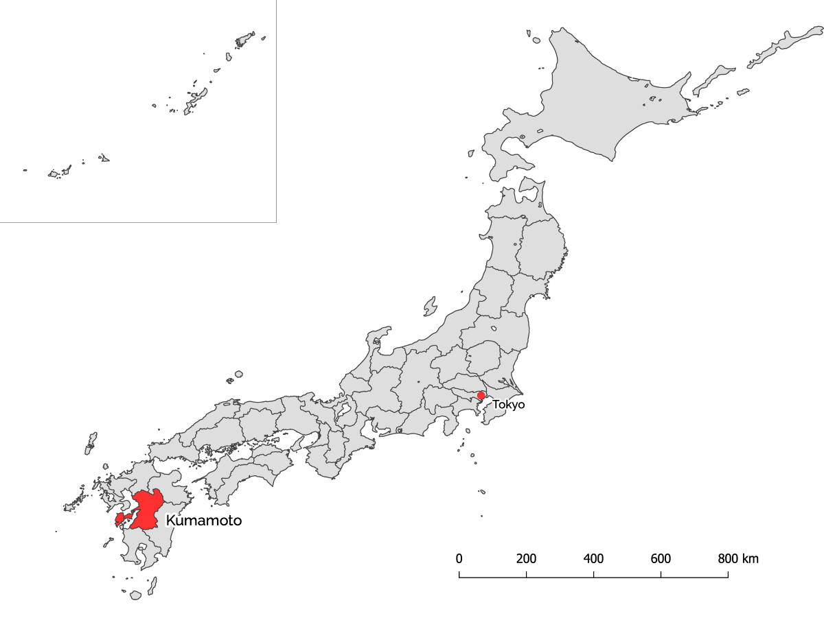 Karte von Japan mit Kumamoto rot markiert