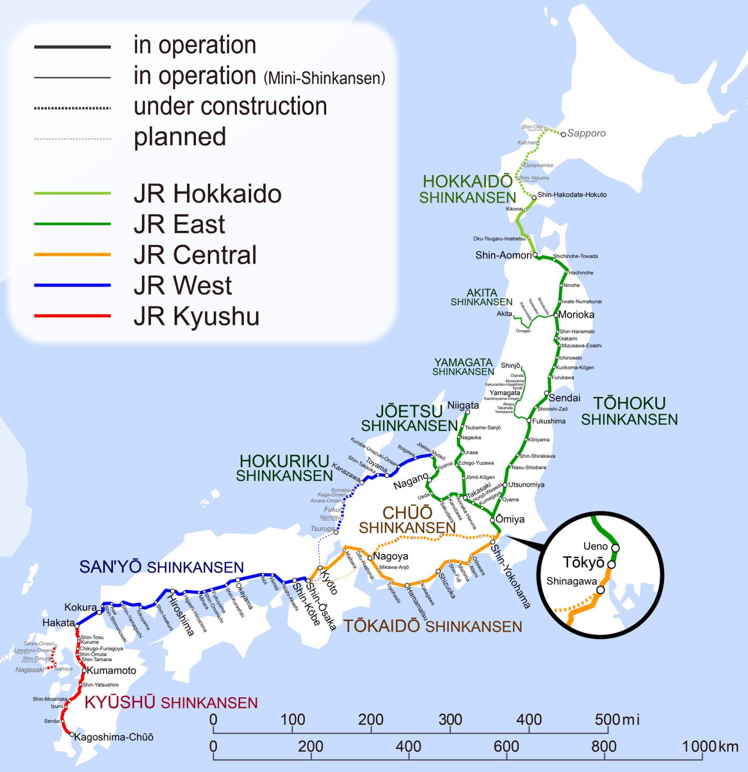 Das Shinkansen-Streckennetz, Quelle: Hisagi, CC BY-SA 4.0, via Wikimedia Commons